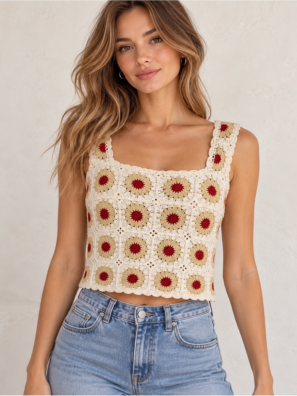 Rebellion Again Crochet Granny Square Floral Crop Tank Top L Cottagecore